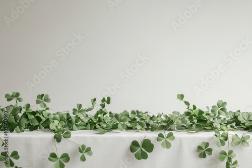 Fresh clover leaves arranged on a white tablecloth