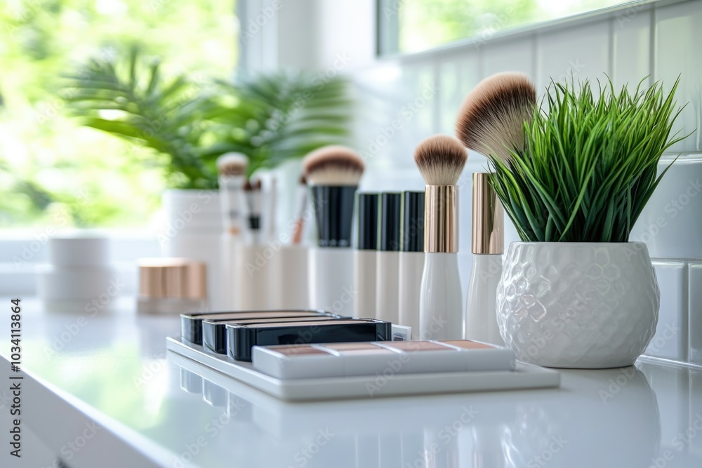 Elegant makeup vanity with brushes and greenery Elegant makeup vanity with brushes and greenery