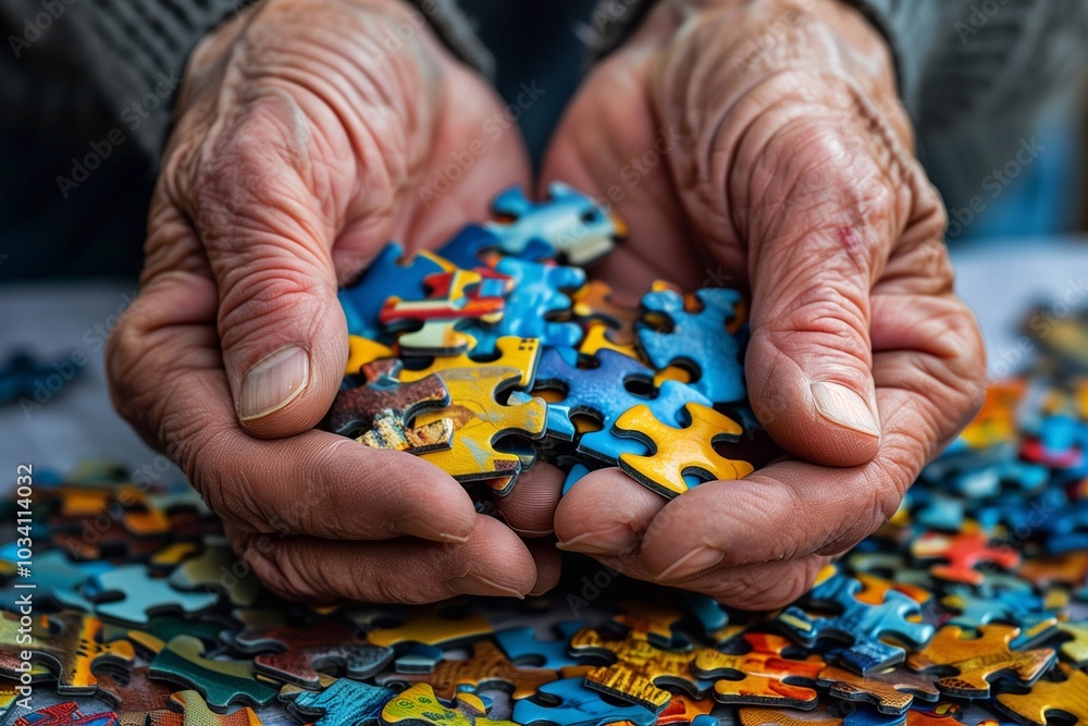 Hands of an older individual collect vibrant jigsaw puzzle pieces amidst a scattered assortment on a table in the afternoon Hands of an older individual collect vibrant jigsaw puzzle pieces amidst a scattered assortment on a table in the afternoon