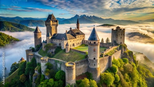 Majestic Medieval Castle with Three Stone Towers in Ancient Grayish-Brown