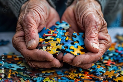Hands of an older individual collect vibrant jigsaw puzzle pieces amidst a scattered assortment on a table in the afternoon