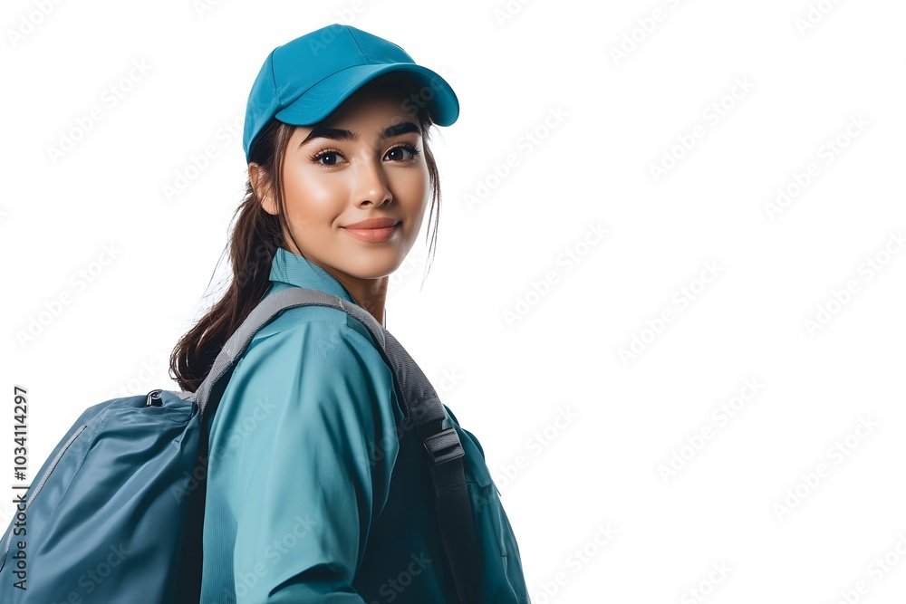 Young Woman Wearing Blue Cap and Jacket, Carrying Backpack Young Woman Wearing Blue Cap and Jacket, Carrying Backpack