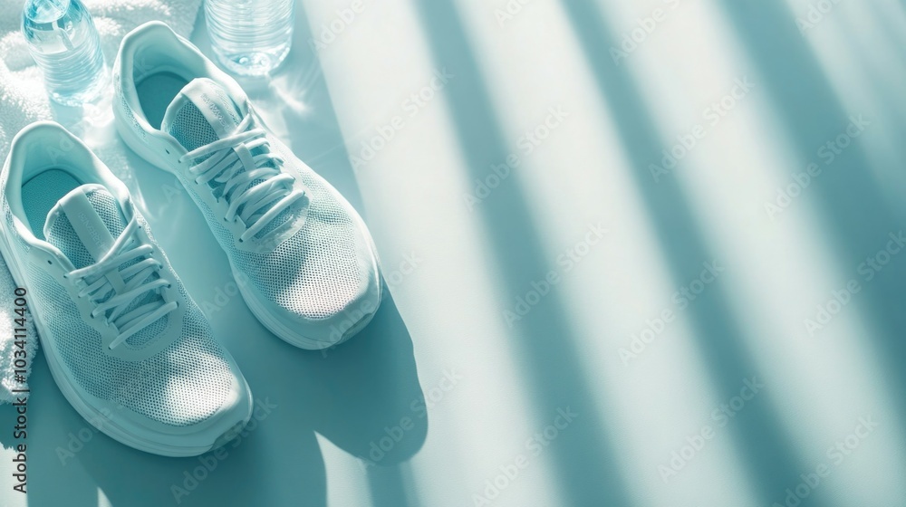 Fresh athletic shoes and water bottles in soft light Fresh athletic shoes and water bottles in soft light