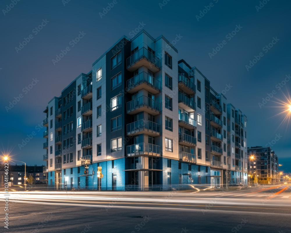 New apartment complex with blue windows and light leaks. Real Estate concept. Modern and luxurious high-end apartment. New apartment complex with blue windows and light leaks. Real Estate concept. Modern and luxurious high-end apartment.