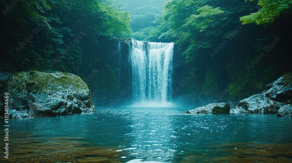 Serene waterfall cascading into a tranquil pool