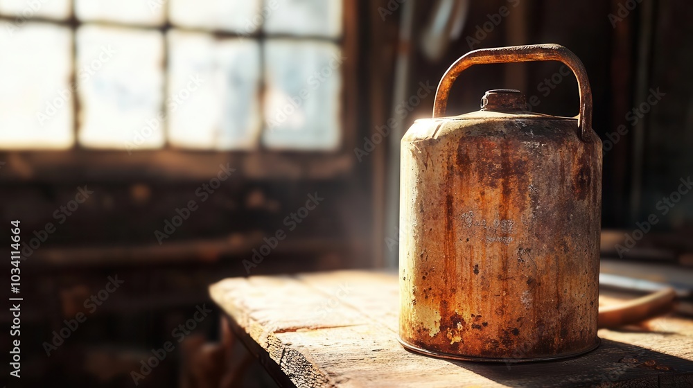 Rustic old metal oil can on a wooden table on a sunny day Rustic old metal oil can on a wooden table on a sunny day