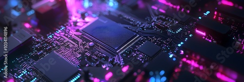 Close up view of advanced computer chips and processors showcasing their intricate circuitry that glows under a mesmerizing combination of blue and purple lights photo