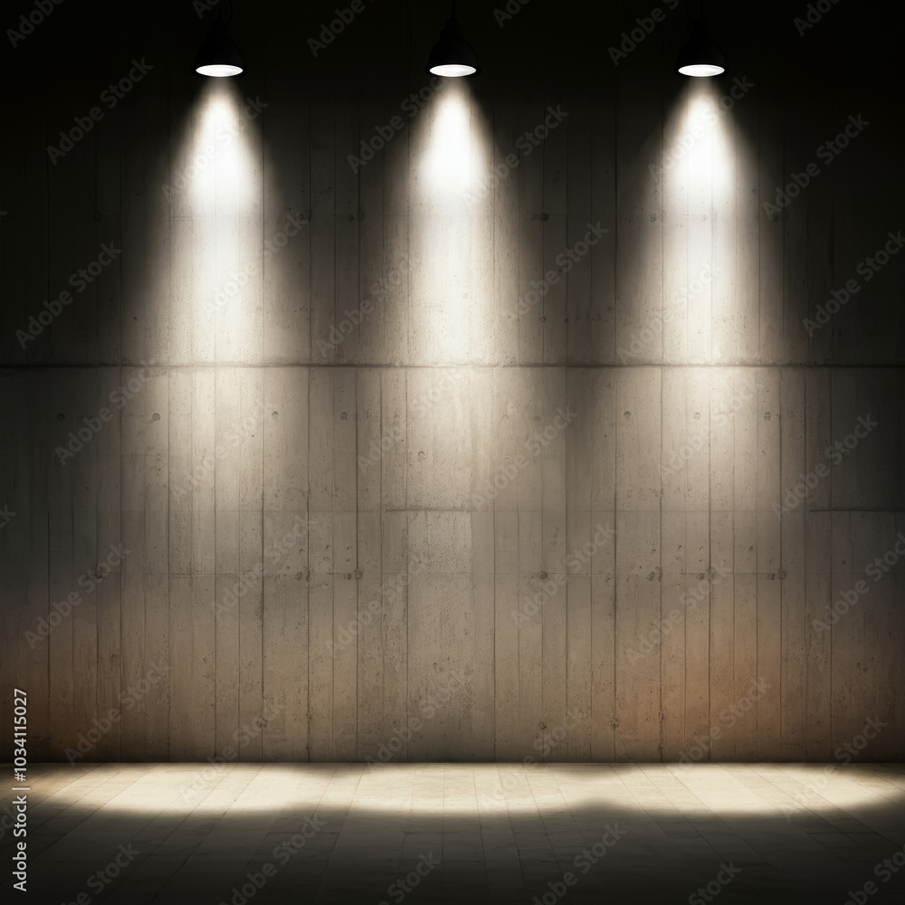 Dark empty concrete wall background, lighting system above the frame. Dark empty concrete wall background, lighting system above the frame.