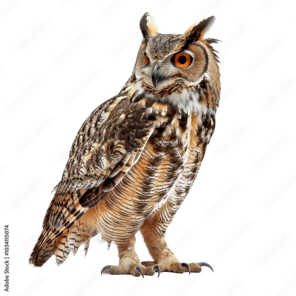 Naklejka premium Majestic owl perched gracefully with striking orange eyes in a serene setting, showcasing its intricate feather patterns and alert demeanor