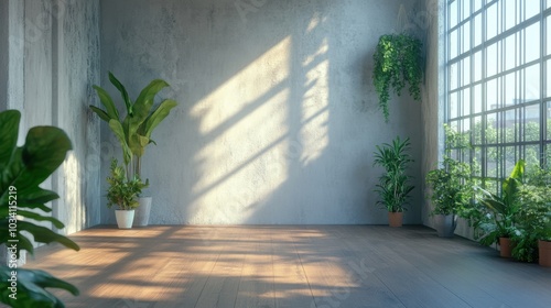 A bright and airy room with large windows and plenty of plants. The light streaming in creates a warm and inviting atmosphere.