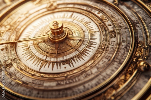 Close-up of a vintage compass with intricate details and golden finish.