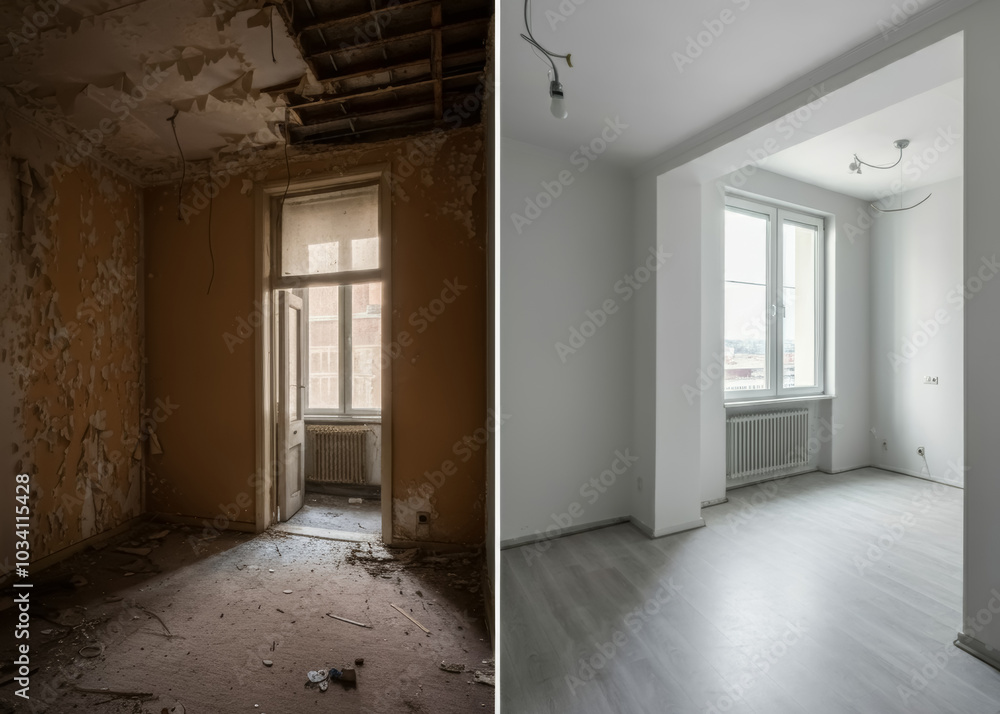 Divide view of renovation concept, apartment before and after restoration or refurbishment. Divide view of renovation concept, apartment before and after restoration or refurbishment.