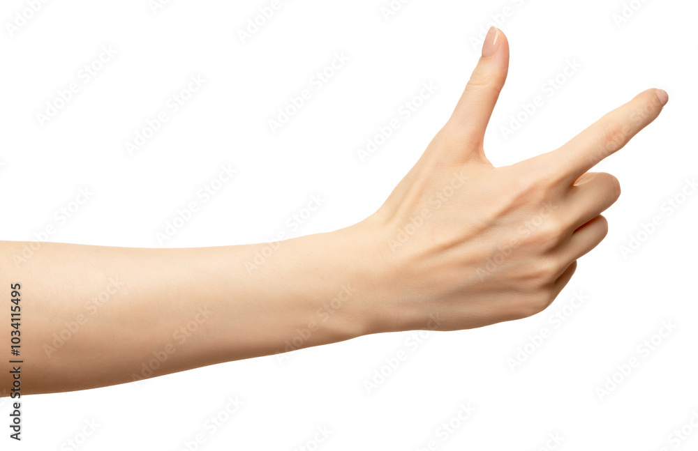 A woman's hand points to the right, with her fingers extended and slightly curled. The hand is isolated against a white background A woman's hand points to the right, with her fingers extended and slightly curled. The hand is isolated against a white background