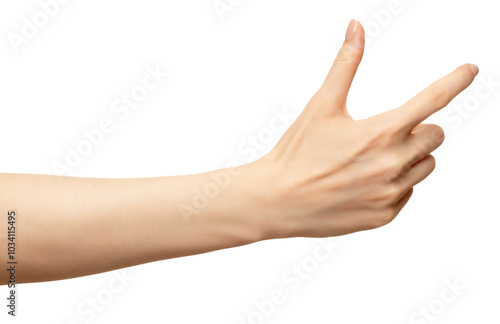 A woman's hand points to the right, with her fingers extended and slightly curled. The hand is isolated against a white background photo