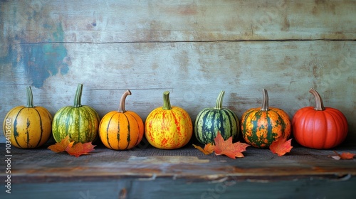 A row of colorful gourds and pumpkins sit on a wooden surface, with fall leaves scattered in front.