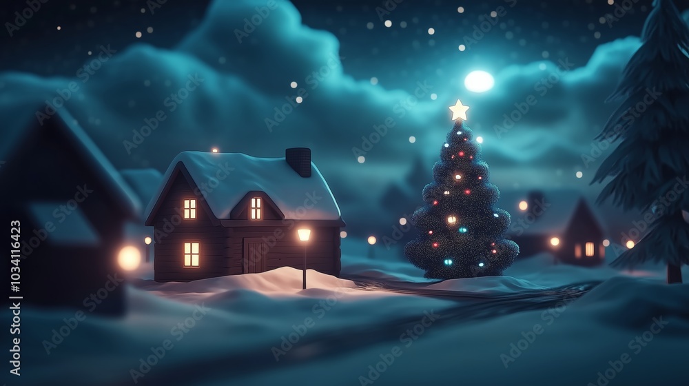Fototapeta premium A snowy village scene with small cottages, glowing streetlights, and a large Christmas tree in the center, creating a festive atmosphere