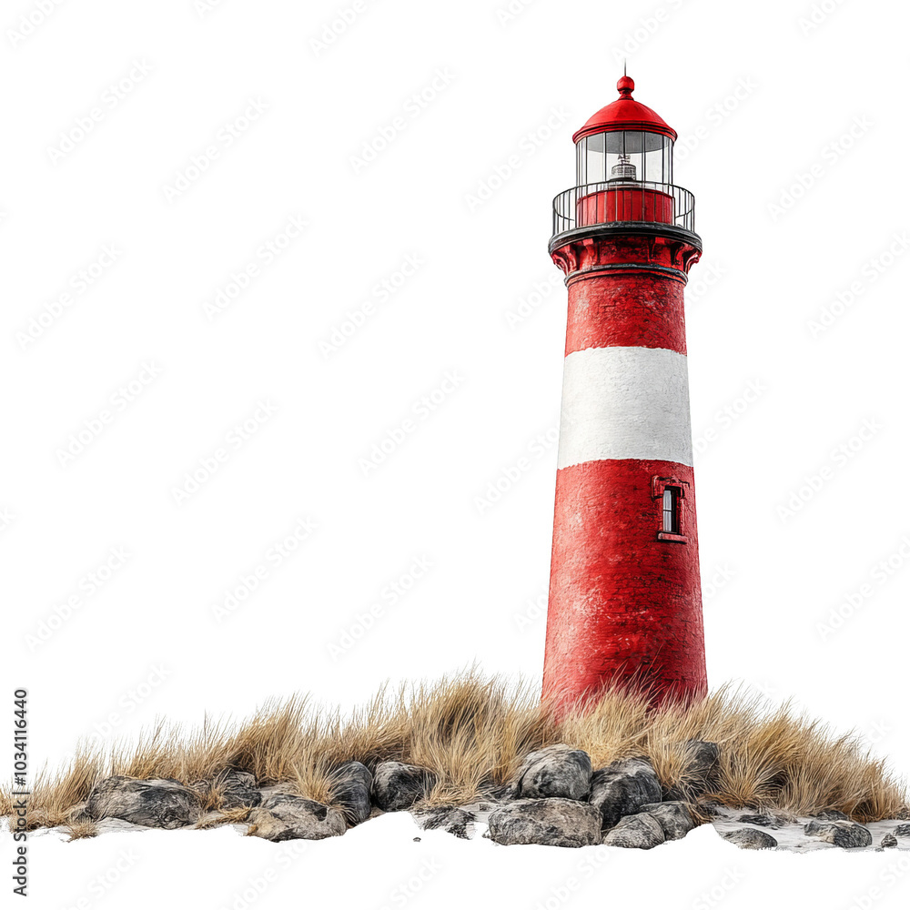 Red and white lighthouse with rocks and grass, white isolated background.