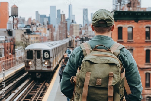 Man with Backpack Looking at Cityscape and Subway