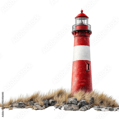 Obraz na płótnie Red and white lighthouse with rocks and grass, white isolated background. w salonie