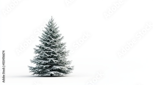 A snow-covered evergreen tree stands tall against a white background, its branches laden with a fresh dusting of powder. photo