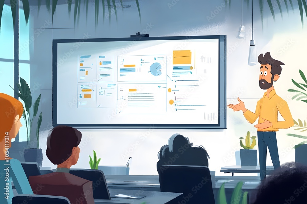 A man giving a presentation with charts and graphs on a whiteboard in an office setting A man giving a presentation with charts and graphs on a whiteboard in an office setting