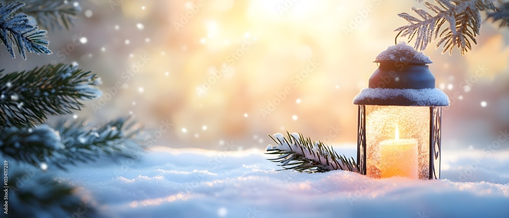 Snowy Lantern Glow in Winter Forest Scene Snowy Lantern Glow in Winter Forest Scene