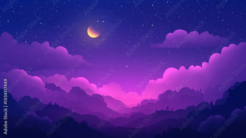 Fototapeta premium A dreamy night sky with a crescent moon and twinkling stars, above a silhouette of purple mountains.
