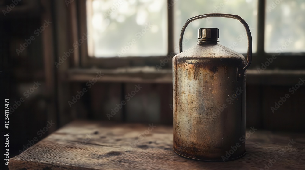 Rustic old metal oil can on a wooden table on a sunny day Rustic old metal oil can on a wooden table on a sunny day