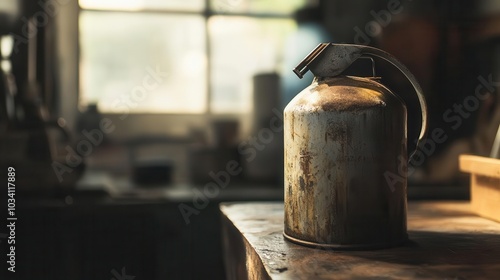 Rustic old metal oil can on a wooden table on a sunny day