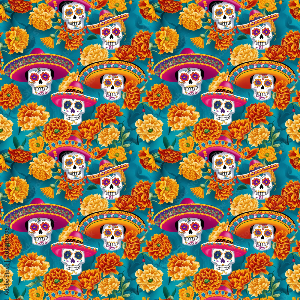Fototapeta premium Tile seamless Day of the Dead skulls and marigolds pattern with sombreros.