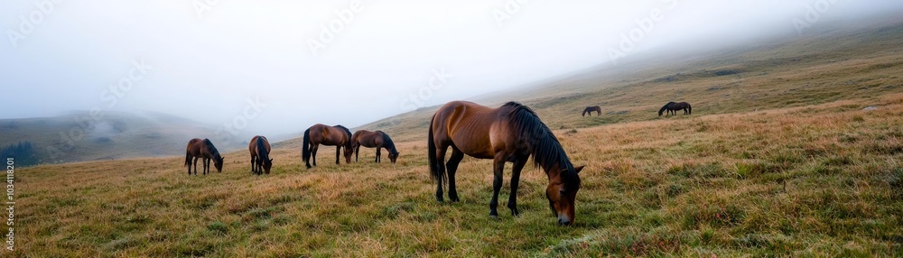Herd of horses grazing peacefully on a foggy hillside. Herd of horses grazing peacefully on a foggy hillside.