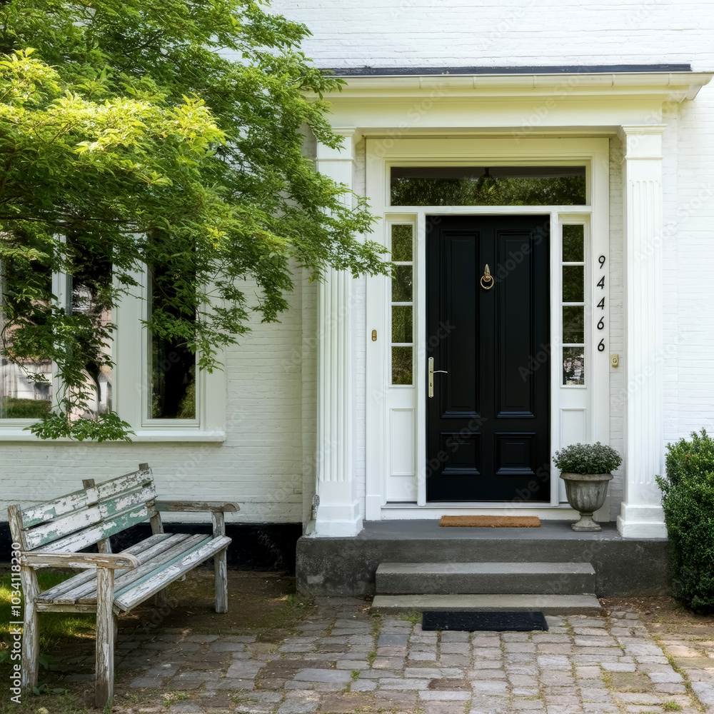 Front door of white house, tree and bench, autunm. Front door of white house, tree and bench, autunm.