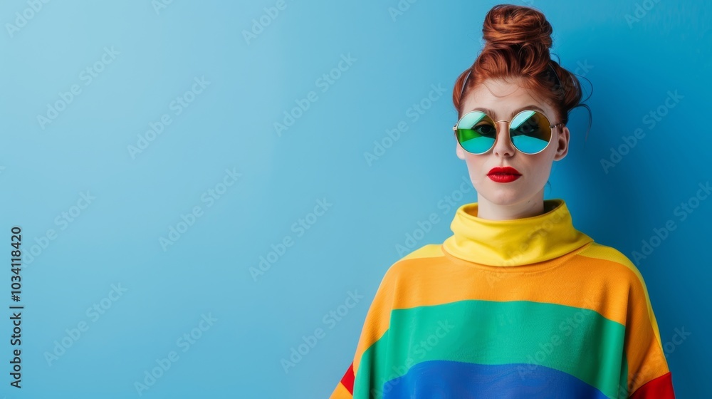 A woman poses confidently in a colorful sweater and sunglasses against a vibrant blue backdrop during a sunny day A woman poses confidently in a colorful sweater and sunglasses against a vibrant blue backdrop during a sunny day