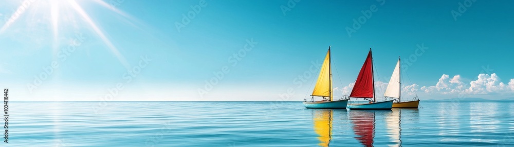 Sailboats with colorful sails floating on calm blue sea under bright sunlight. Sailboats with colorful sails floating on calm blue sea under bright sunlight.