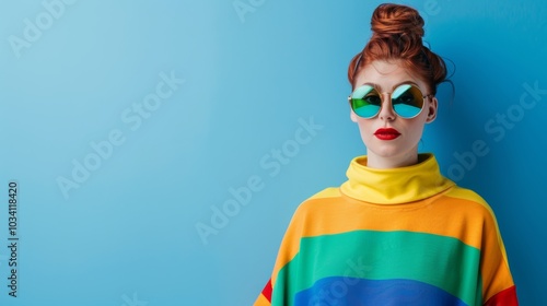 A woman poses confidently in a colorful sweater and sunglasses against a vibrant blue backdrop during a sunny day