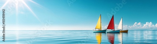 Sailboats with colorful sails floating on calm blue sea under bright sunlight.