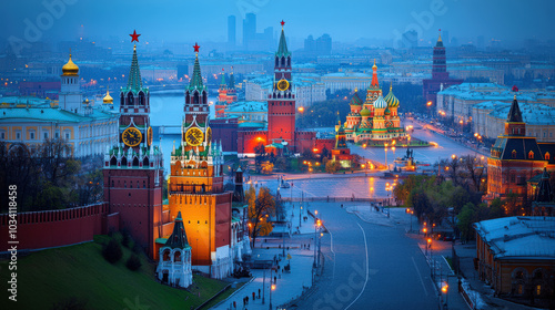 Moscow Red Square Night Aerial View with Kremlin and St Basil s Cathedral