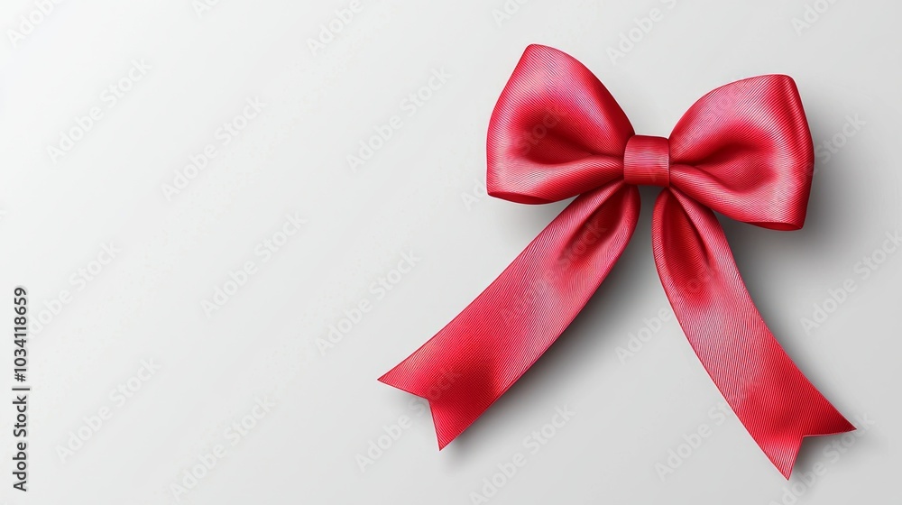 Red ribbon bow neatly tied on a clean white surface symbolizing gift and celebration Red ribbon bow neatly tied on a clean white surface symbolizing gift and celebration