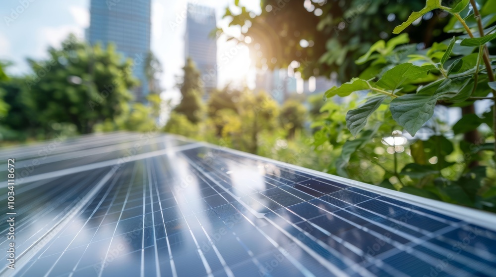 Solar panels reflect sunlight in a green urban park with modern skyscrapers in the background during a bright afternoon Solar panels reflect sunlight in a green urban park with modern skyscrapers in the background during a bright afternoon