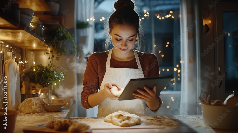 Young woman checking a recipe while baking bread at home in a warmly lit kitchen during the evening Young woman checking a recipe while baking bread at home in a warmly lit kitchen during the evening