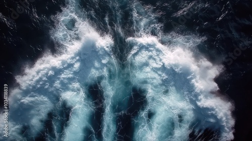 An aerial view of white foamy waves breaking from a large ship's wake in the dark blue ocean.