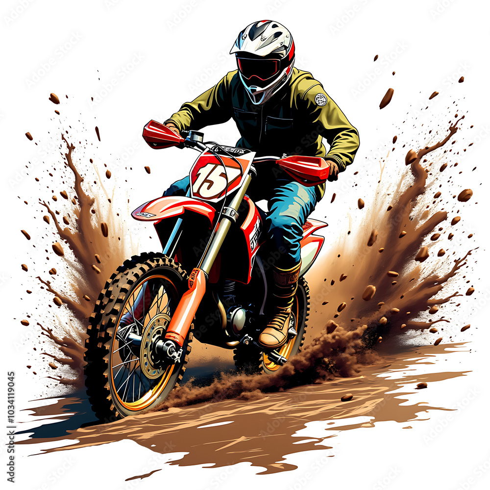 Naklejka premium Art of a dirt bike racing through a muddy trail, splashes of mud and debris surrounding it.