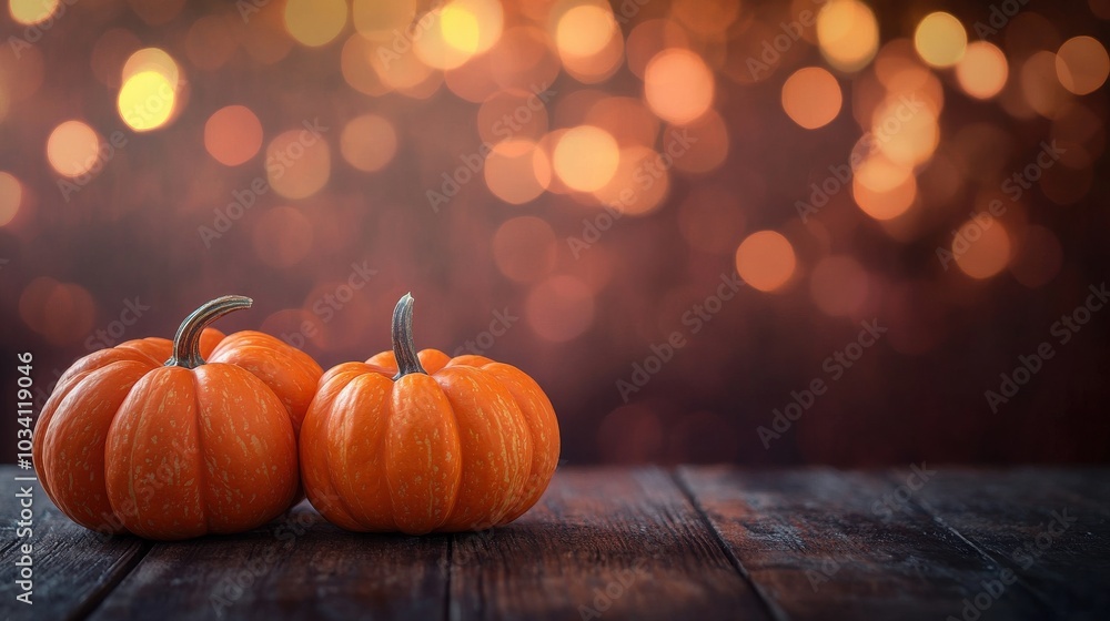 Two plump pumpkins sit on a rustic wooden table against a backdrop of warm bokeh lights. Two plump pumpkins sit on a rustic wooden table against a backdrop of warm bokeh lights.
