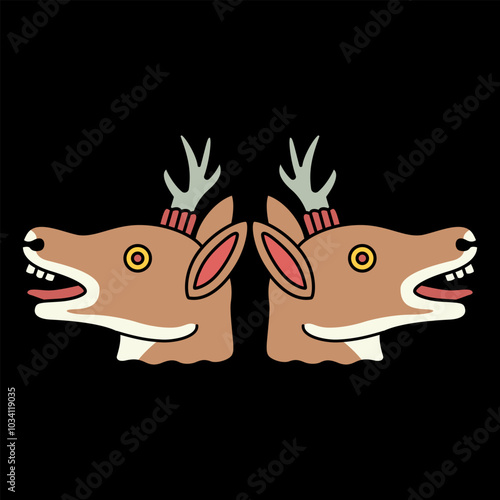 Symmetrical animal design with two deer heads from Mexican Aztec codex. On black background. photo