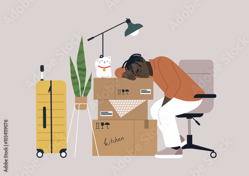 Exhausted from packing up the home in the late evening, a tired individual leans on moving boxes, surrounded by luggage and a playful cat ready for a new beginning