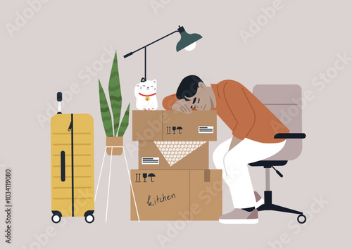 Exhausted from packing up the home in the late evening, a tired individual leans on moving boxes, surrounded by luggage and a playful cat ready for a new beginning