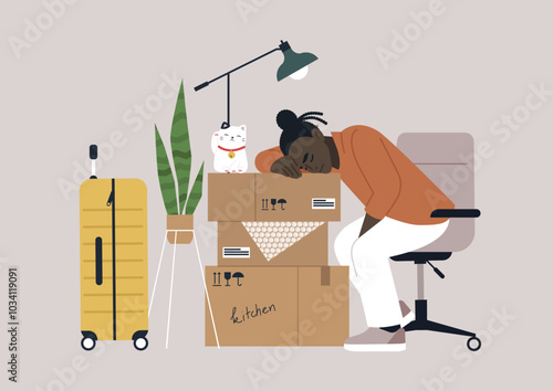 Exhausted from packing up the home in the late evening, a tired individual leans on moving boxes, surrounded by luggage and a playful cat ready for a new beginning