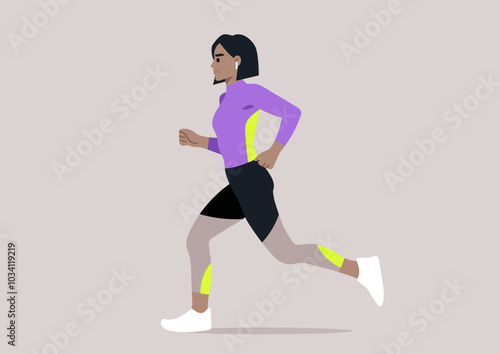 A woman dressed in long sleeves and leggins runs energetically, showcasing her dedication to fitness in a lively outdoor setting during a fresh morning