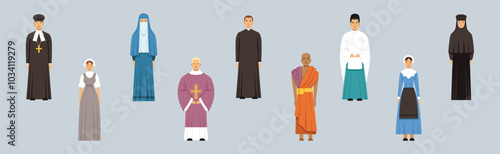 Religious People Different Character Man and Woman Standing Vector Set