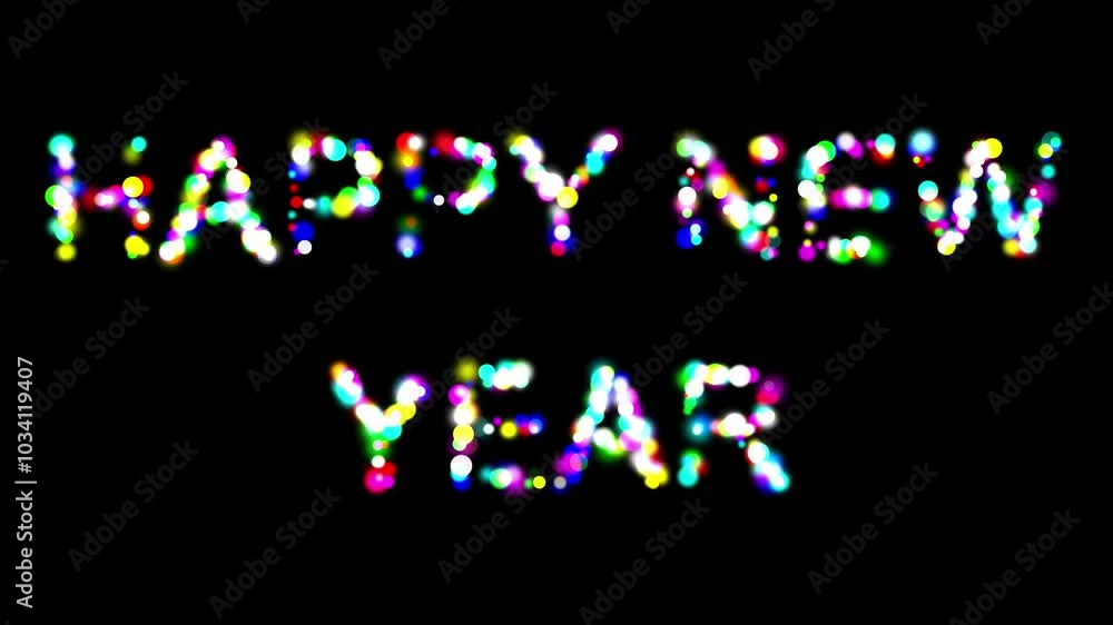 Happy New Year text with colorful bokeh lights on plain black background Happy New Year text with colorful bokeh lights on plain black background